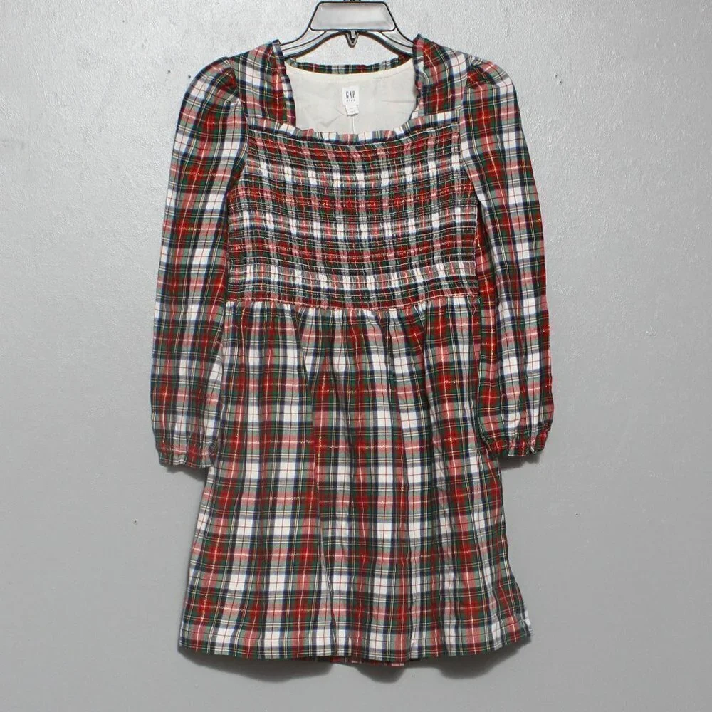 Gap kids nwt smocked holiday long sleeve red plaid dress